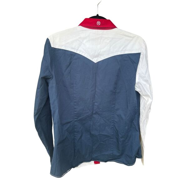 Roper Mens Medium Pearl Snap Flag Shirt Western Cowboy Red White Blue equestrian - Picture 2 of 6